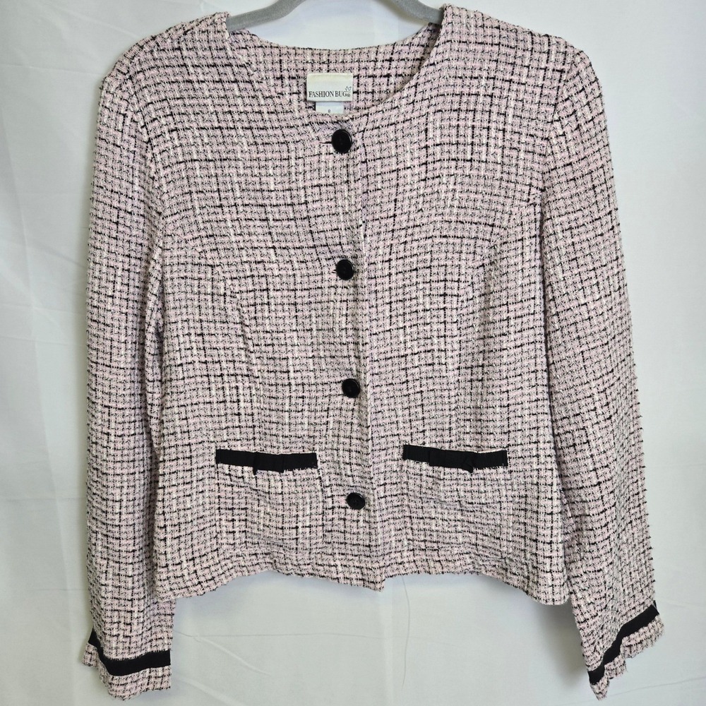 Fashion Bug Tweed Blazer, Bow Pockets, Pink Black, Professional Office Retro 8